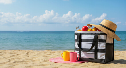 Beach bag with hat and cups on sand near ocean waves. Summer vacation essentials for beach holiday and coastal travel accessories