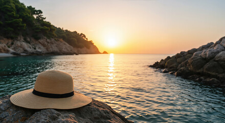 Straw hat on rocky coastline at sunset with golden light reflection on water. Summer vacation and coastal travel for scenic relaxation and outdoor adventures