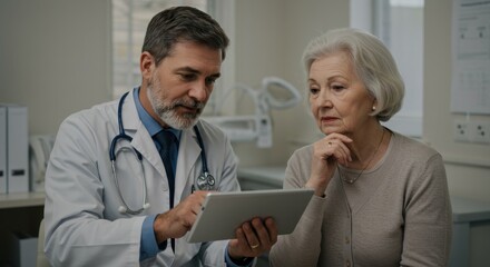 Concerned senior woman listens to her doctor explaining results shown on a tablet device screen.