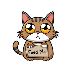 Sad-eyed cute cat holding a “Feed Me” sign, adorable cartoon illustration on white background, hand-drawn style vector perfect for stickers, prints, t-shirts
