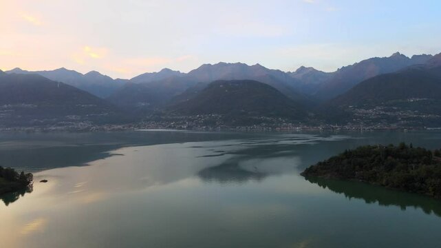 Aerial nature landscape near Colico village in Lake Como Italian Alps mountains in Lombardy