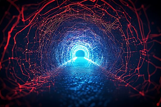 Abstract glowing tunnel with red and blue light trails