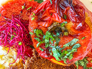 Stuffed Spicy Bell Peppers Rocoto Relleno, salsa, sprout garnish, potato gratin Colorful Traditional Peruvian Food. toStuffed Spicy Bell Peppers Rocoto Relleno, top down view, close up