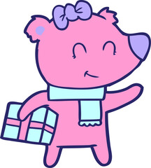 bear cartoon chraracter with present in bright neon color