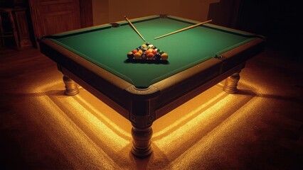 A top-down view of a pool table with balls racked and cues.