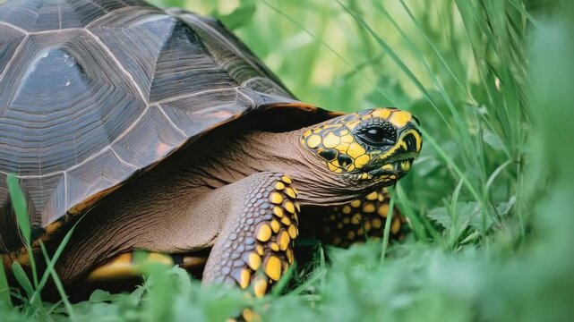 A box turtle with its yellow and brown shell pattern, is seen resting on a grassy forest floor.