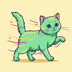 Obraz premium Green cat illustration features a playful feline, conveying cartoonish charm with dynamic motion trails. Green cat, styled in bright colors, has exaggerated features and a cute aesthetic.