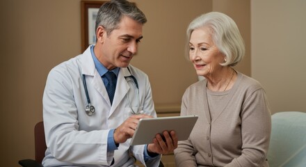 Doctor shows elderly patient information on a tablet computer in a clinic during a consultation.