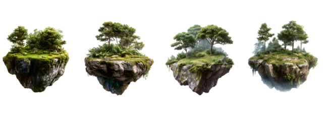 Four lush green floating islands with trees and mossy rocks isolated on transparent background