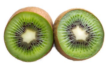 Fototapeta premium Two halves of a fresh kiwi fruit, isolated on a transparent background, showcasing their vibrant green flesh and tiny black seeds