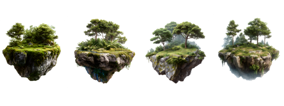 Four lush green floating islands with trees and mossy rocks isolated on transparent background