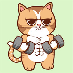 cute muscular brown cat lifting dumbbells