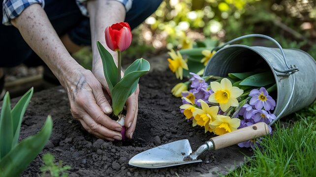 Elderly hands planting a red tulip bulb next to daffodils and pansies