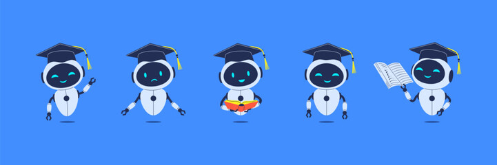 Set of cute robots in mortarboard. Vector characters in graduation caps for education, student chatbot and school assistant characters