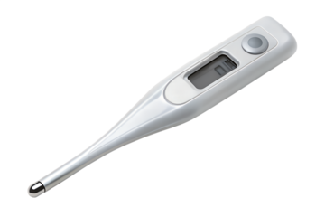 A digital thermometer is isolated on a transparent background, representing medical health and temperature measurement