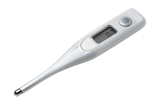 A digital thermometer is isolated on a transparent background, representing medical health and temperature measurement