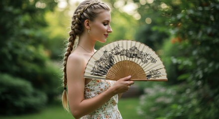 Graceful woman with fan in verdant garden embraces tradition and serene beauty in peaceful moment.
