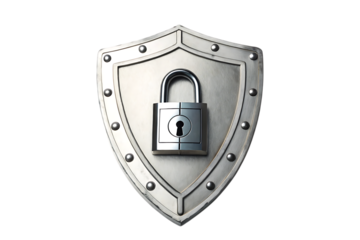 Silver shield with a closed padlock secured in the center isolated on transparent background