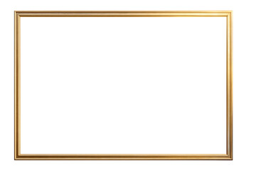 A horizontal gold frame with white matting and a blank white center on a white background wall space
