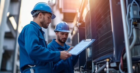 Two workers, dressed in blue uniforms and hard hats, focus on maintenance tasks for cooling units. They consult a clipboard, ensuring proper procedures are followed at an industrial site.