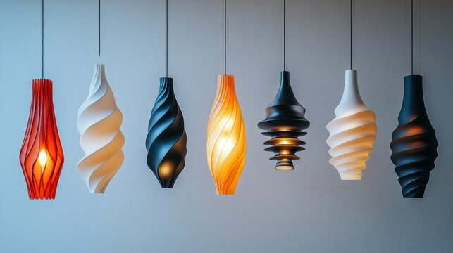 Modern, unique pendant lamps in various colors and swirling designs