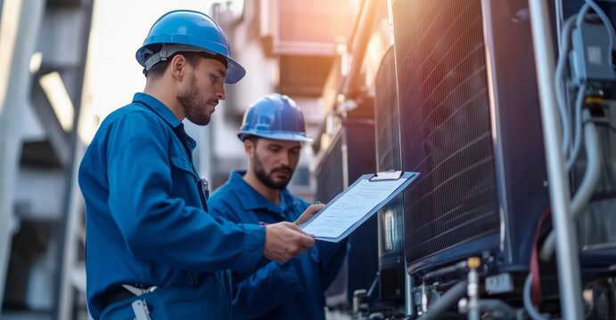 Two workers, dressed in blue uniforms and hard hats, focus on maintenance tasks for cooling units. They consult a clipboard, ensuring proper procedures are followed at an industrial site.