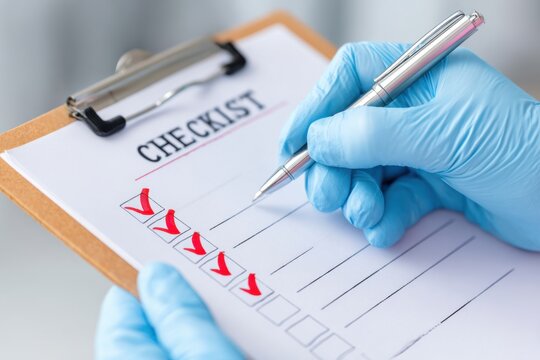 Hands wearing blue gloves holding a clipboard with a checklist, marking completed tasks with red check marks, symbolizing organization and attention to detail in professional settings