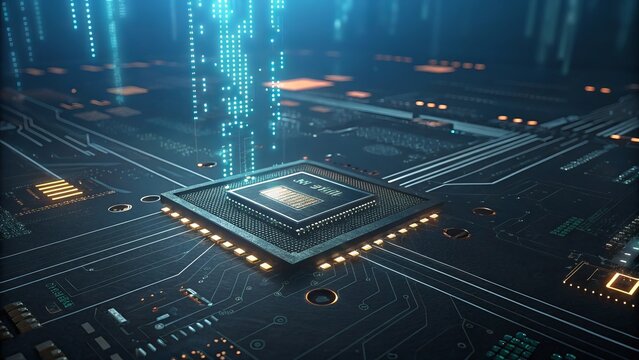 Futuristic computer processor on a dark circuit board with glowing lights