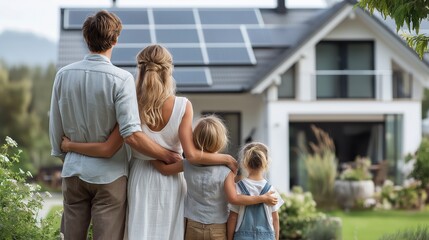 Family enjoying outdoor moment in front of modern sustainable house with solar panels and eco-friendly lifestyle, Generative AI