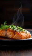 Steaming salmon fillet with herbs fish seafood