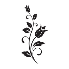 Obraz premium Elegant black silhouette of a blooming rose stem with leaves and swirls