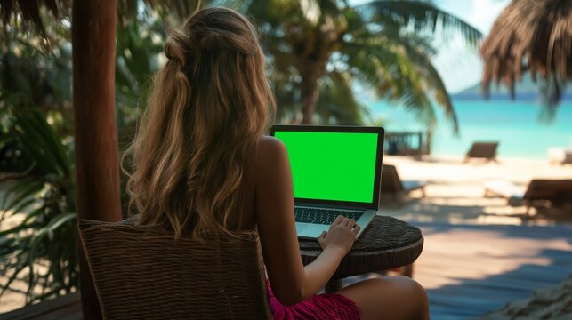 A person sits at a wooden table, engaging with a laptop in a tropical setting. Behind them, palm trees provide shade while the beach and ocean create a peaceful atmosphere. - Powered by Adobe