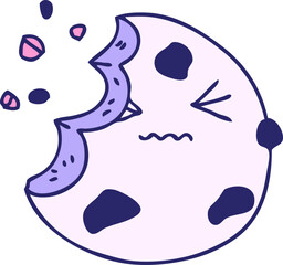 hand drawn quirky cartoon munched cookie in bright neon color
