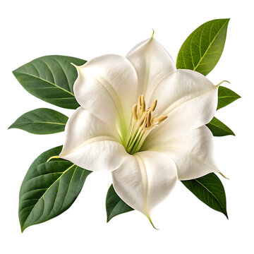 Elegant white datura flower with green leaves isolated on transparent background