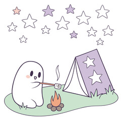 Cartoon illustration of a ghost with lollipop near a sandcastle with a ladder and a box of balls