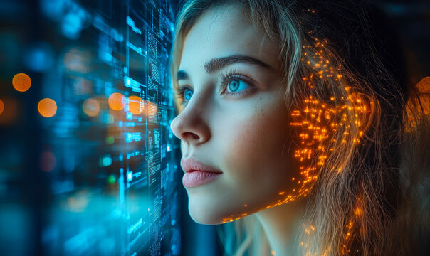 Close up of thoughtful woman with digital data projection on face looking at futuristic illuminated computer interface in dark room, artificial intelligence concept