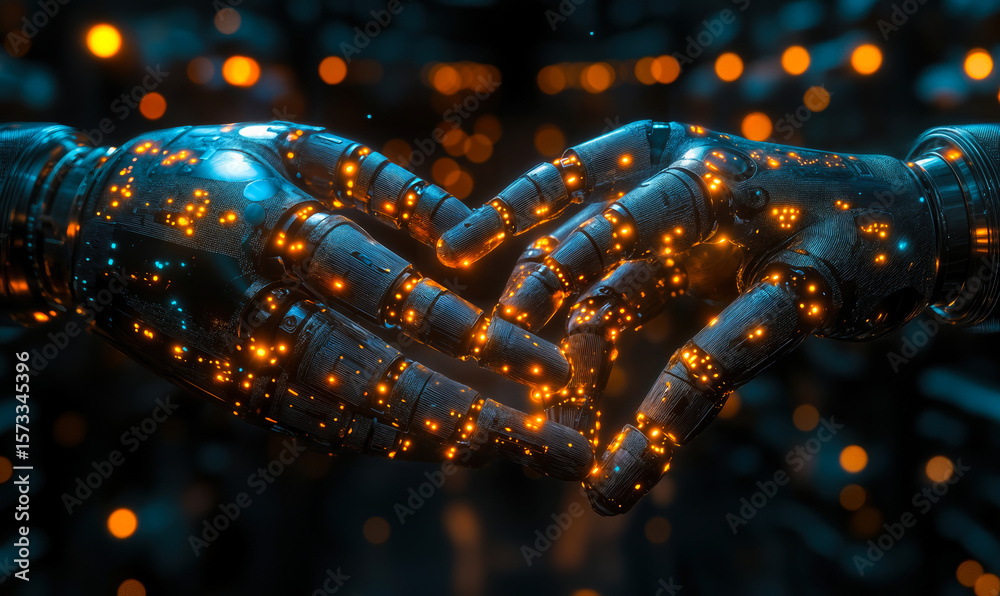 Poster futuristic robotic hands connecting with glowing orange light particles in dark bokeh background sym