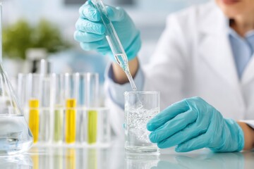 Laboratory technician in white coat using pipette to transfer liquid into glass beaker, surrounded by colorful test tubes, showcasing scientific research and experimentation