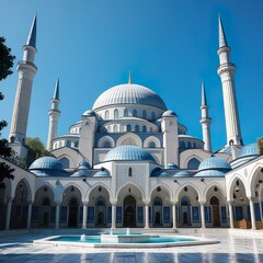 A grand Ottoman-style mosque with a large central dome and four slender minarets, intricate blue and white Iznik tile patterns, arched doorways, marble courtyard with ablution fountains, lush gardens 