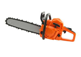 A closeup of a bright orange chainsaw, ready for action against a clean transparent background