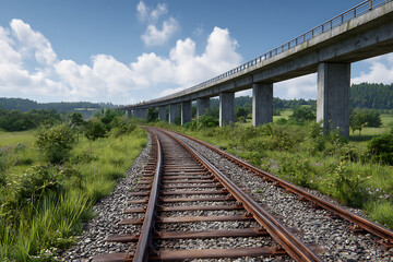 Obraz premium Rustic Railway Tracks Winding Towards a Concrete Elevated Train Bridge Under a Partly Cloudy Sky Lush Green Vegetation Borders the Tracks