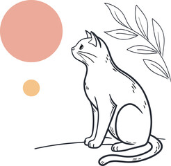 Contemplative Cat: A minimalist illustration of a graceful cat in profile, gazing skyward with a sense of serenity, with a soft, artistic background.