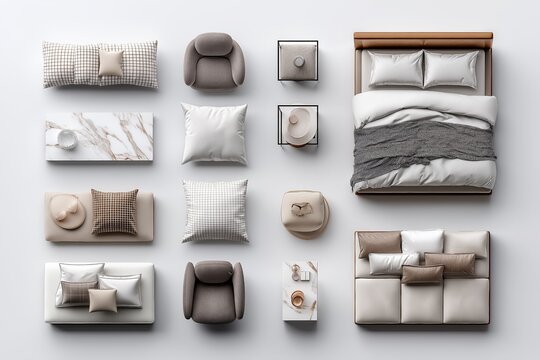 Flat lay of bedroom essentials with neutral pillows and soft white bedding in cozy modern top view composition, Generative AI
