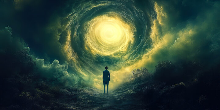 Silhouette of man standing in mystical forest clearing under glowing swirling vortex of light and clouds signaling passage to another world supernatural portal concept