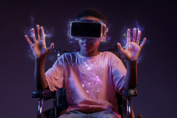 Disabled school boy in wheelchair with VR headset using artificial intelligence technology & machine learning.Interactive technology in classroom. Innovation & smart tech. AI in education, hologram