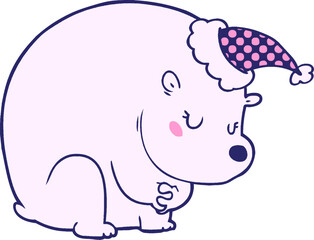 cute hand drawn comic book style illustration of a polar bear wearing santa hat in bright neon color