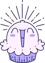 illustration of a traditional tattoo style happy singing cupcake in bright neon color