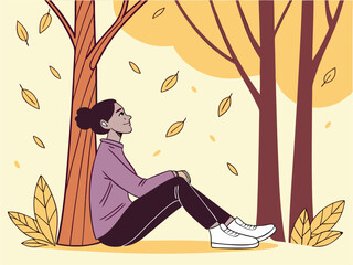 Thoughtful woman seated in golden autumn landscape with soft leaves and peaceful expression