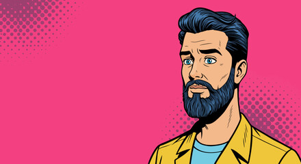 Retro Pop Art Illustration of a Bearded Man with a Pensive Expression