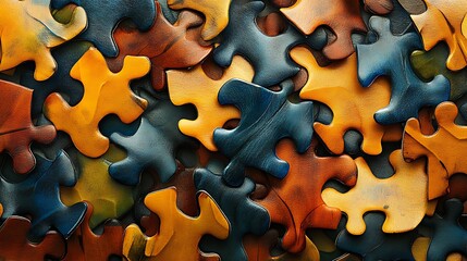 Close-up view of a jumbled collection of puzzle pieces.
